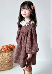 Handmade Coffee O-Neck Print Thick Kids Maxi Dress Lantern Sleeve