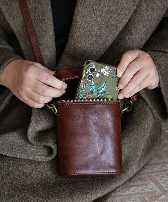 Handmade Coffee Solid Durable Calf Leather Phone Pouch