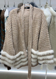 Handmade Coffee V Neck Patchwork Tie Waist Cotton Knit Cardigans Winter