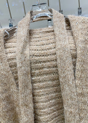 Handmade Coffee V Neck Patchwork Tie Waist Cotton Knit Cardigans Winter