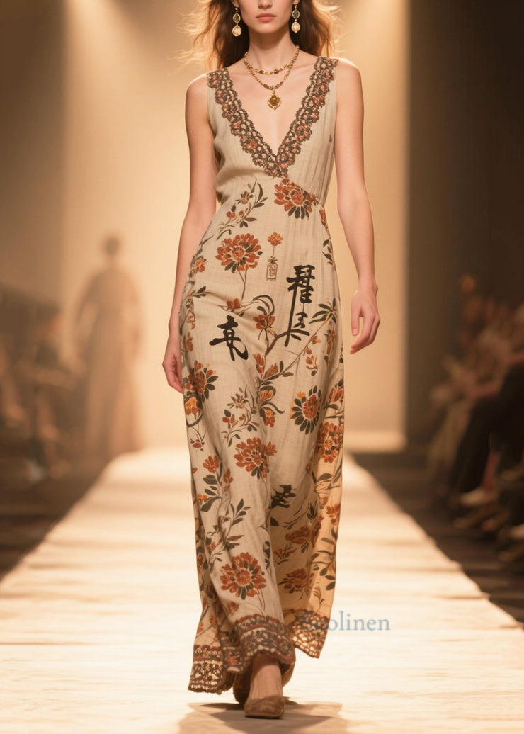 Handmade Coffee V Neck Print Cotton Straight Dress Sleeveless