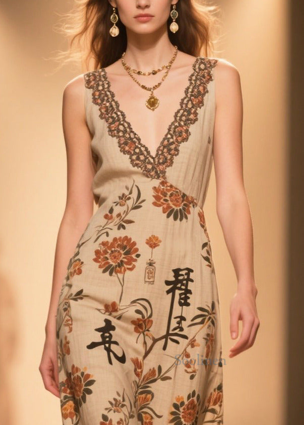 Handmade Coffee V Neck Print Cotton Straight Dress Sleeveless