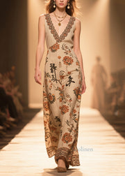 Handmade Coffee V Neck Print Cotton Straight Dress Sleeveless