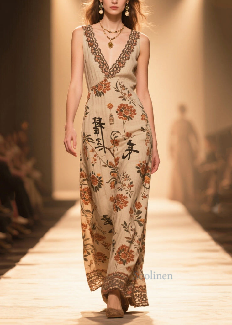 Handmade Coffee V Neck Print Cotton Straight Dress Sleeveless