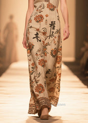 Handmade Coffee V Neck Print Cotton Straight Dress Sleeveless
