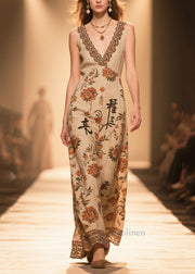 Handmade Coffee V Neck Print Cotton Straight Dress Sleeveless