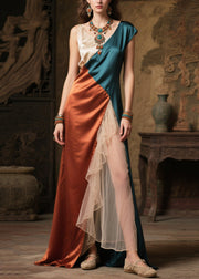 Handmade Colorblock Asymmetrical Patchwork Silk Cami Dresses Summer