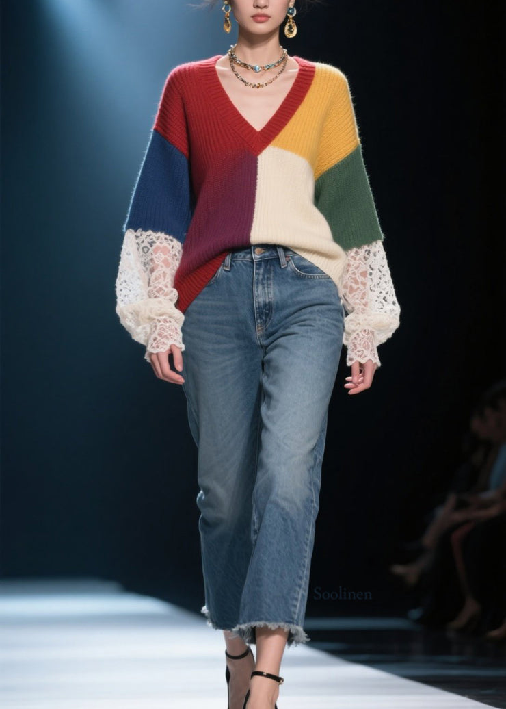 Handmade Colorblock Lace Patchwork Knit Pullover Fall