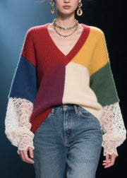 Handmade Colorblock Lace Patchwork Knit Pullover Fall