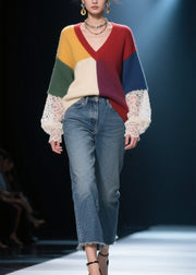 Handmade Colorblock Lace Patchwork Knit Pullover Fall