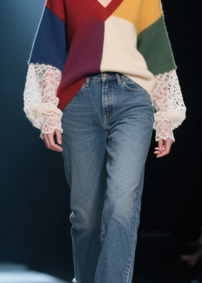 Handmade Colorblock Lace Patchwork Knit Pullover Fall