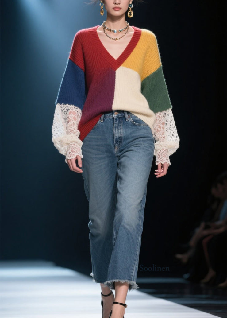 Handmade Colorblock Lace Patchwork Knit Pullover Fall