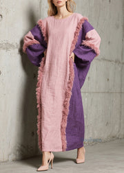 Handmade Colorblock O Neck Fuzzy Fur Patchwork Cotton Dress Fall