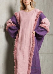 Handmade Colorblock O Neck Fuzzy Fur Patchwork Cotton Dress Fall