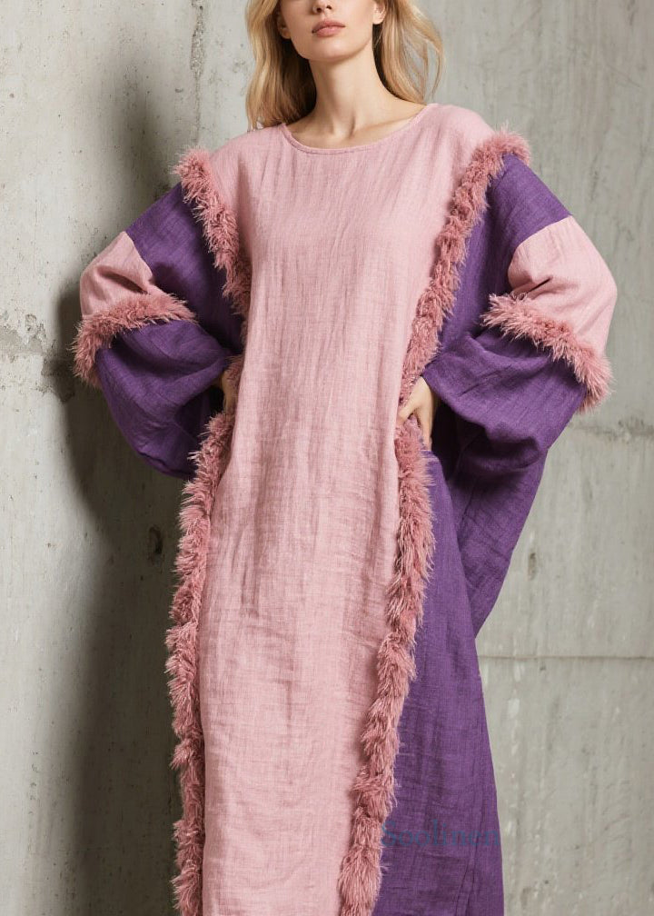 Handmade Colorblock O Neck Fuzzy Fur Patchwork Cotton Dress Fall