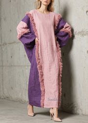 Handmade Colorblock O Neck Fuzzy Fur Patchwork Cotton Dress Fall