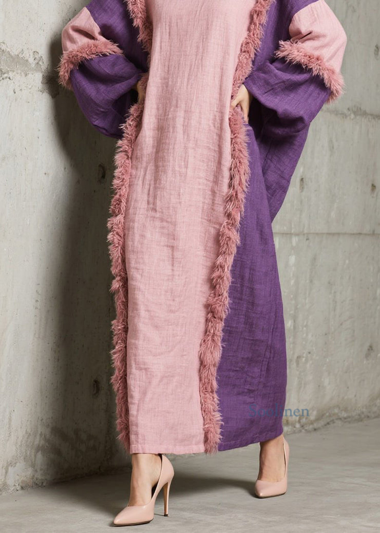 Handmade Colorblock O Neck Fuzzy Fur Patchwork Cotton Dress Fall