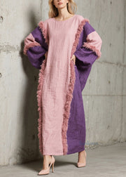 Handmade Colorblock O Neck Fuzzy Fur Patchwork Cotton Dress Fall