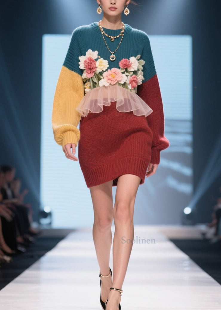Handmade Colorblock O Neck Ruffled Floral Knit Dress Winter