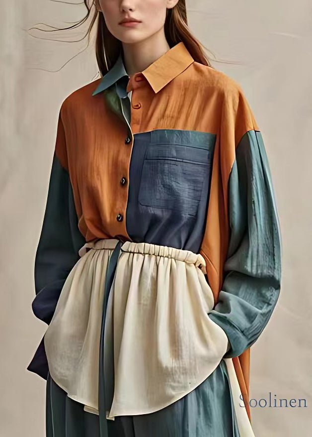 Handmade Colorblock Patchwork Wrinkled Button Shirts Long Sleeve – SooLinen