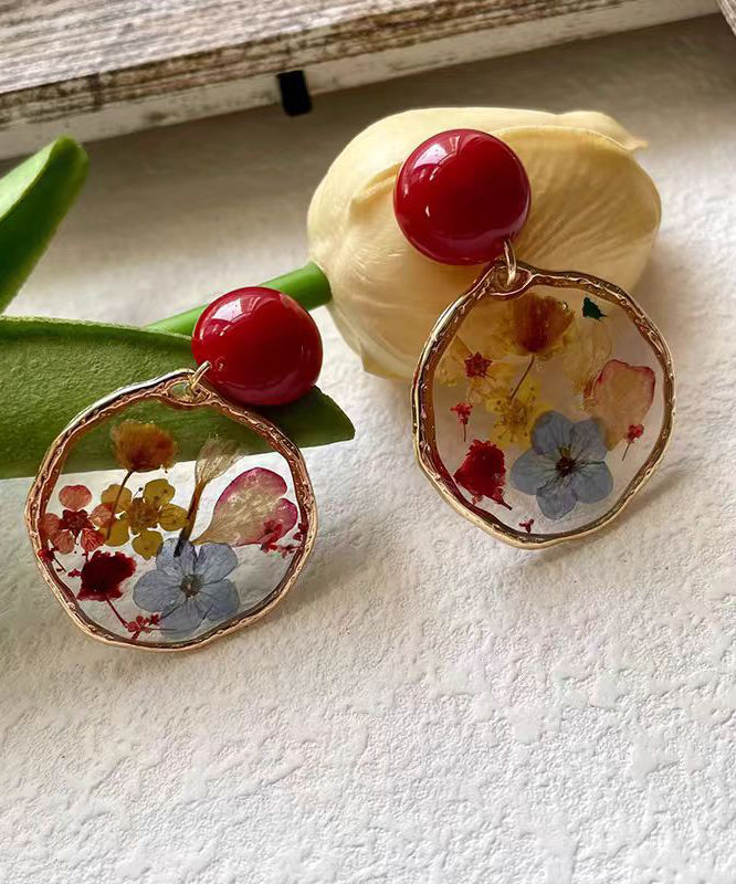 Handmade Colorblock Sterling Silver Alloy Drip Glaze Floral Hoop Earrings