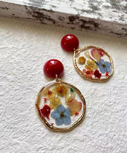 Handmade Colorblock Sterling Silver Alloy Drip Glaze Floral Hoop Earrings
