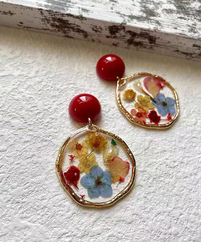Handmade Colorblock Sterling Silver Alloy Drip Glaze Floral Hoop Earrings