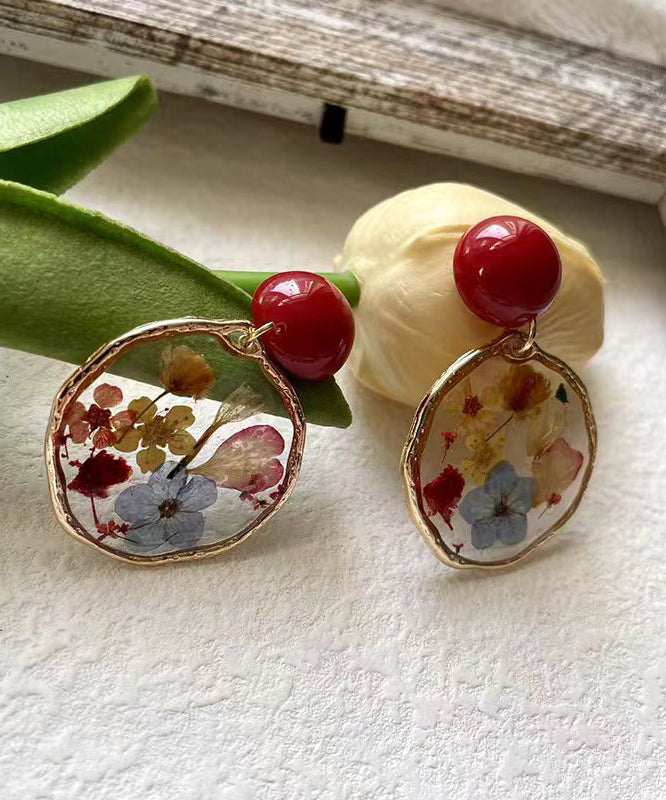 Handmade Colorblock Sterling Silver Alloy Drip Glaze Floral Hoop Earrings