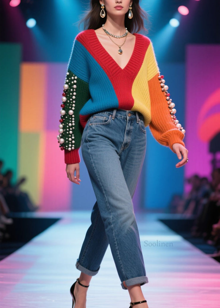Handmade Colorblock V Neck Nail Bead Patchwork Knit Sweater Fall