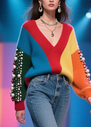 Handmade Colorblock V Neck Nail Bead Patchwork Knit Sweater Fall