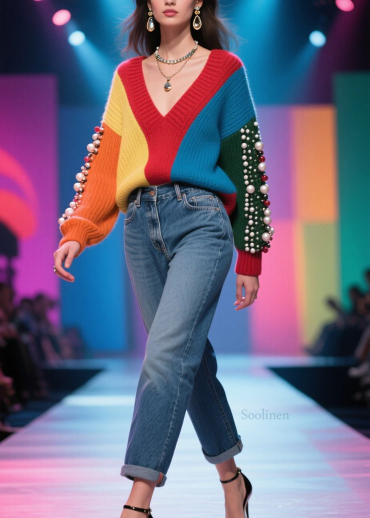 Handmade Colorblock V Neck Nail Bead Patchwork Knit Sweater Fall