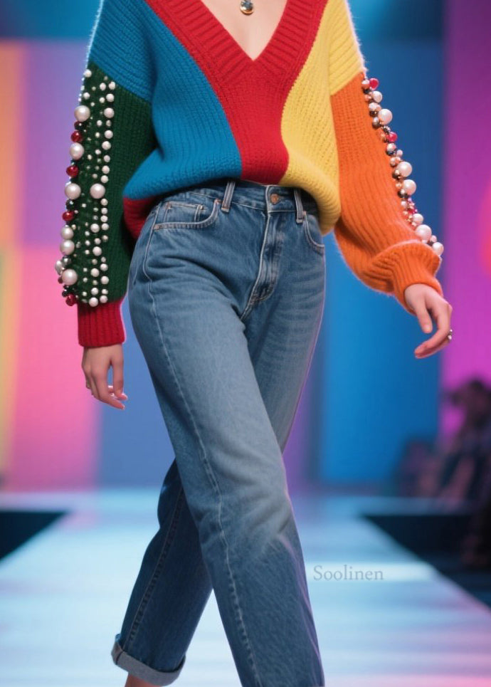 Handmade Colorblock V Neck Nail Bead Patchwork Knit Sweater Fall