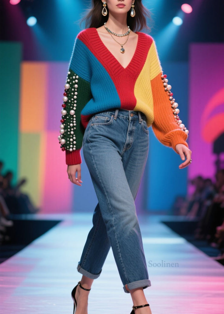 Handmade Colorblock V Neck Nail Bead Patchwork Knit Sweater Fall
