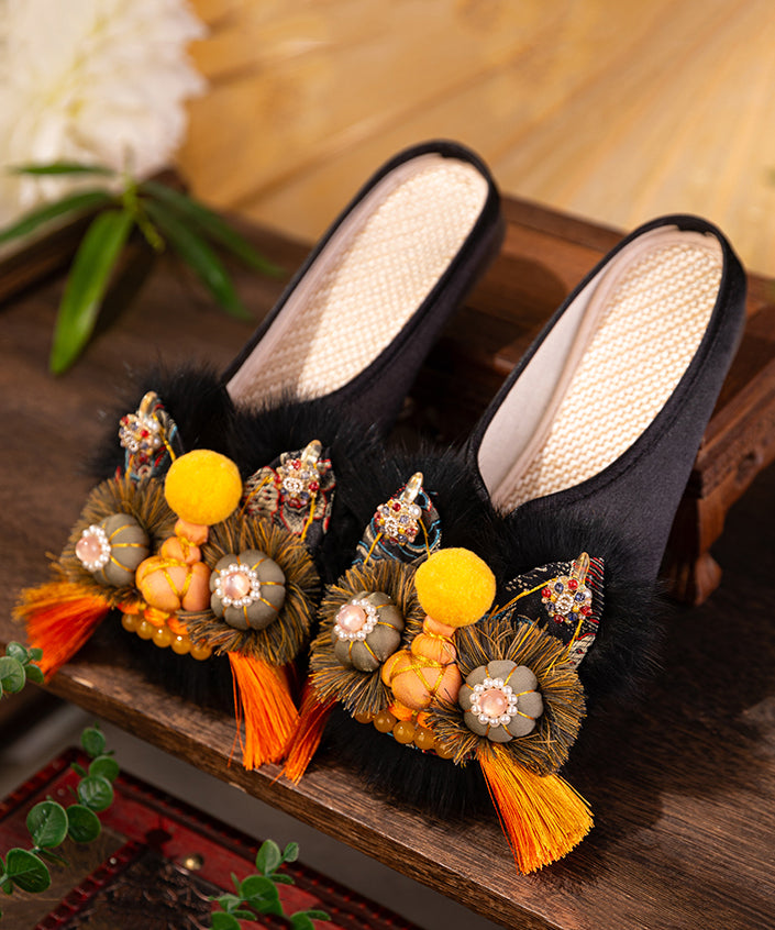 Handmade Comfortable Chinese Style Black Satin Slippers