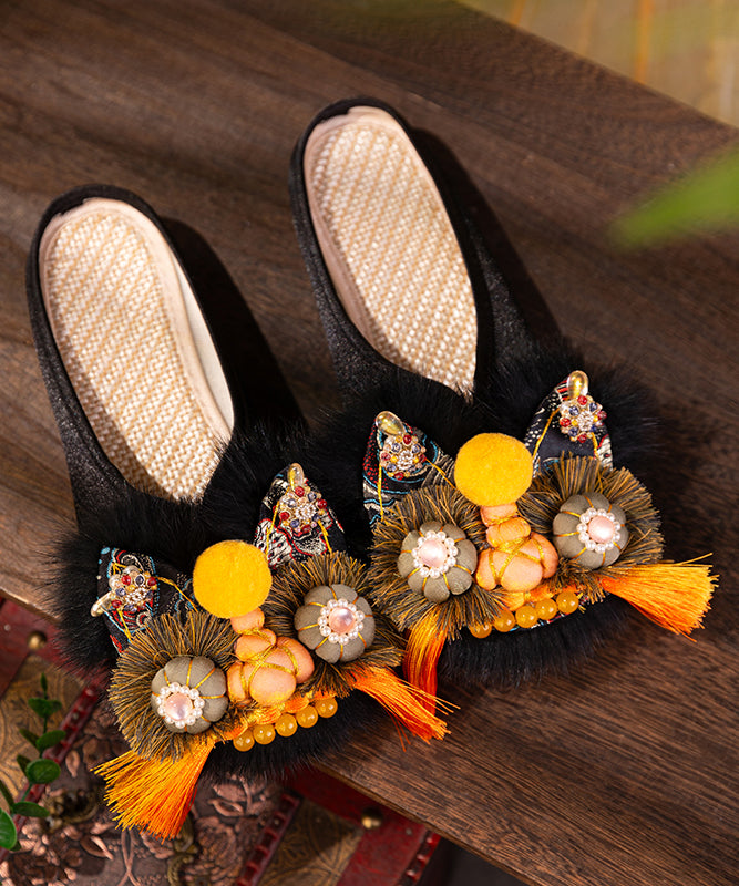 Handmade Comfortable Chinese Style Black Satin Slippers
