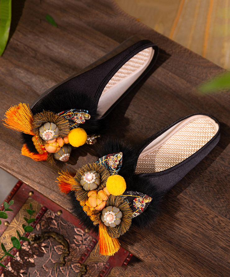 Handmade Comfortable Chinese Style Black Satin Slippers