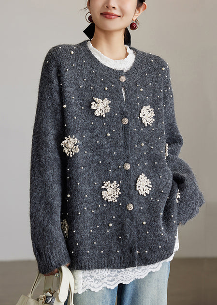 Classy Grey O-Neck Nail Bead Wool Knit Cardigans Spring main image 0