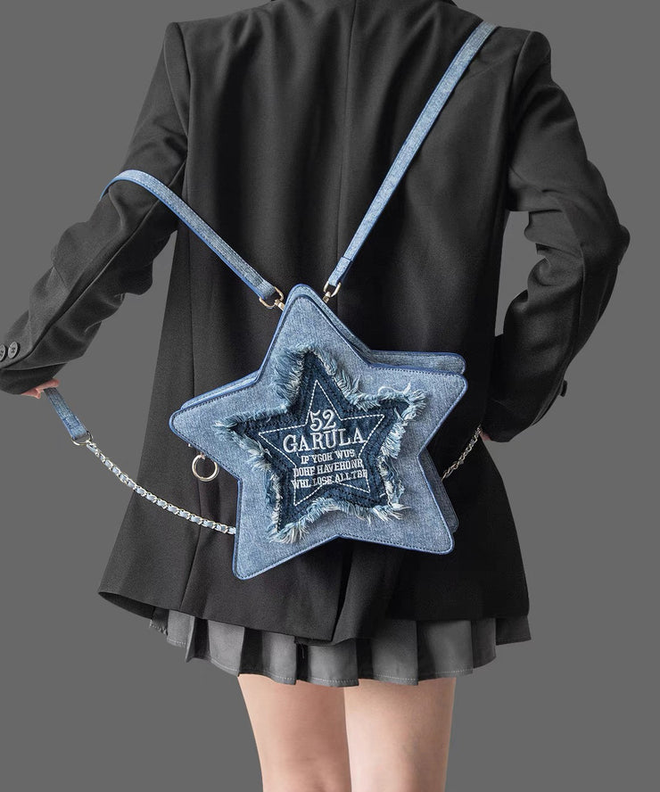 Handmade Denim Blue Tasseled Patchwork Letter Backpack Bag