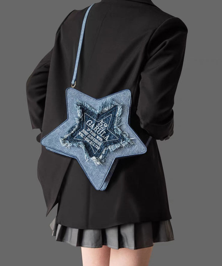 Handmade Denim Blue Tasseled Patchwork Letter Backpack Bag