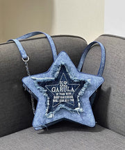 Handmade Denim Blue Tasseled Patchwork Letter Backpack Bag