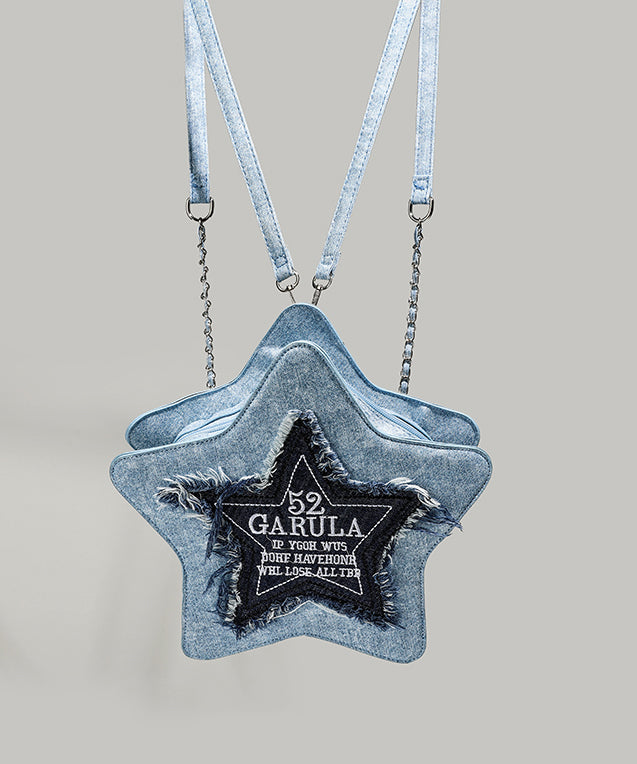 Handmade Denim Blue Tasseled Patchwork Letter Backpack Bag