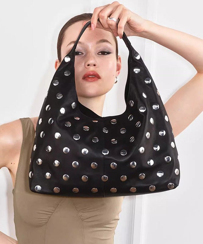 Handmade Fashion Black Rivet Faux Leather Tote Handbag