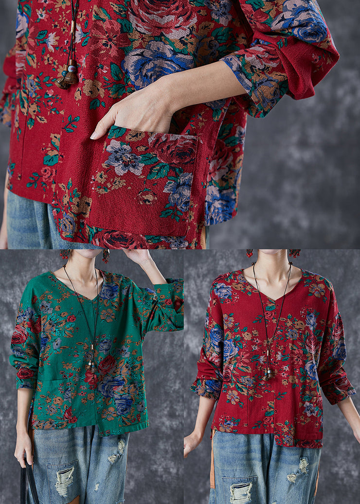 Handmade Green Asymmetrical Print Linen Shirt Tops Fall