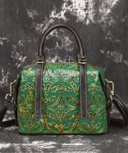 Handmade Green Embossed Calf Leather Tote Handbag