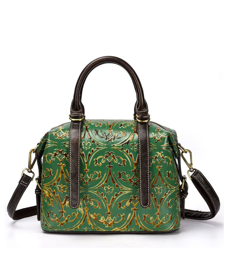 Handmade Green Embossed Calf Leather Tote Handbag