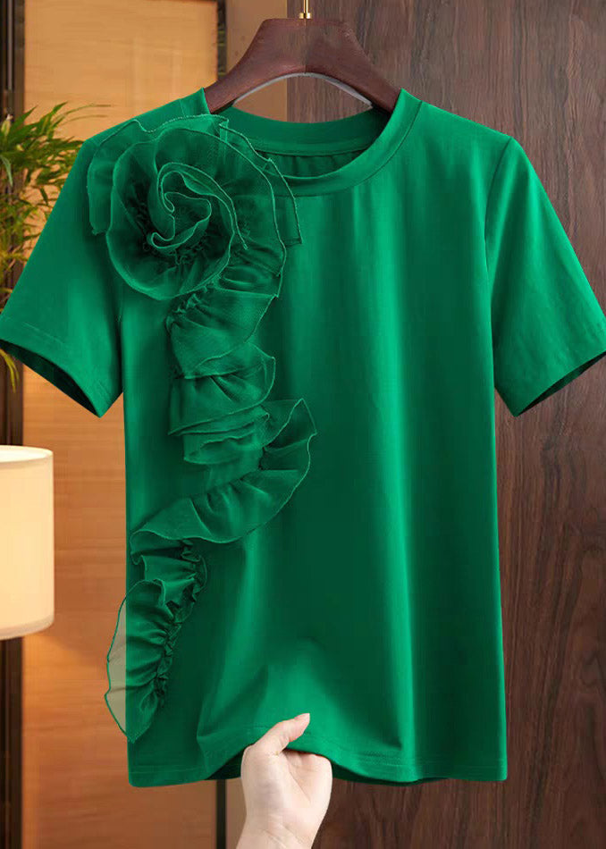 Handmade Green Floral Solid Shirts Short Sleeve