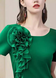 Handmade Green Floral Solid Shirts Short Sleeve