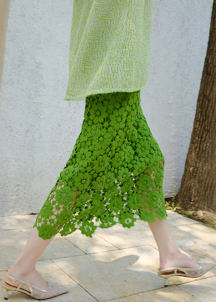 Handmade Green Hollow Out Solid Lace Skirt Summer