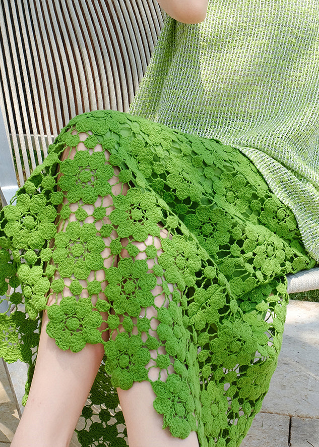 Handmade Green Hollow Out Solid Lace Skirt Summer