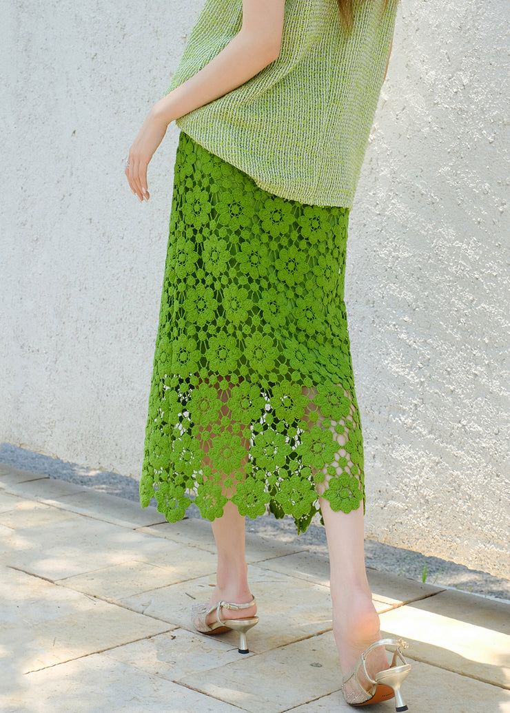 Handmade Green Hollow Out Solid Lace Skirt Summer
